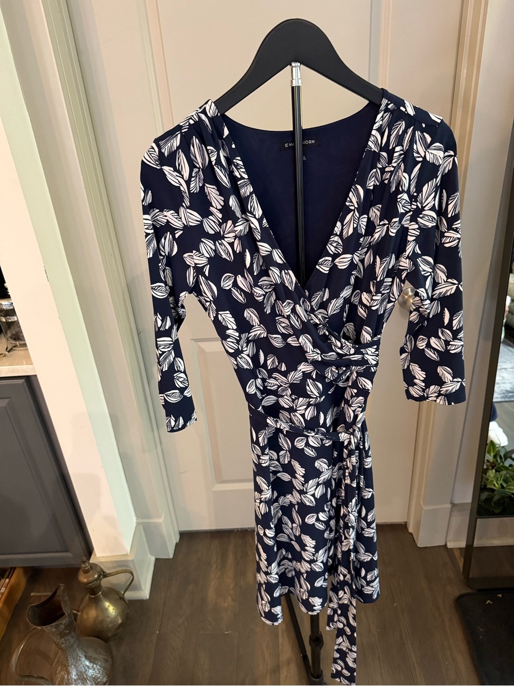 41 Hawthorn Navy Wrap Dress with White Leaf Print
